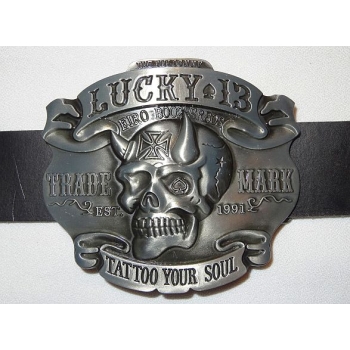 Tattoo skull Lucky 13 duża klamra stare srebro (id: 2564)